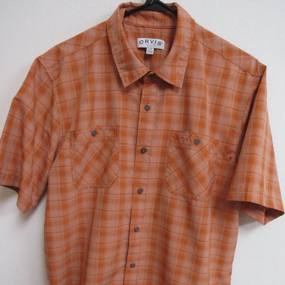 ORVIS Casual Button-Down Shirt Men’s Orange Plaid‎ L/G Polyester Short Sleeve
